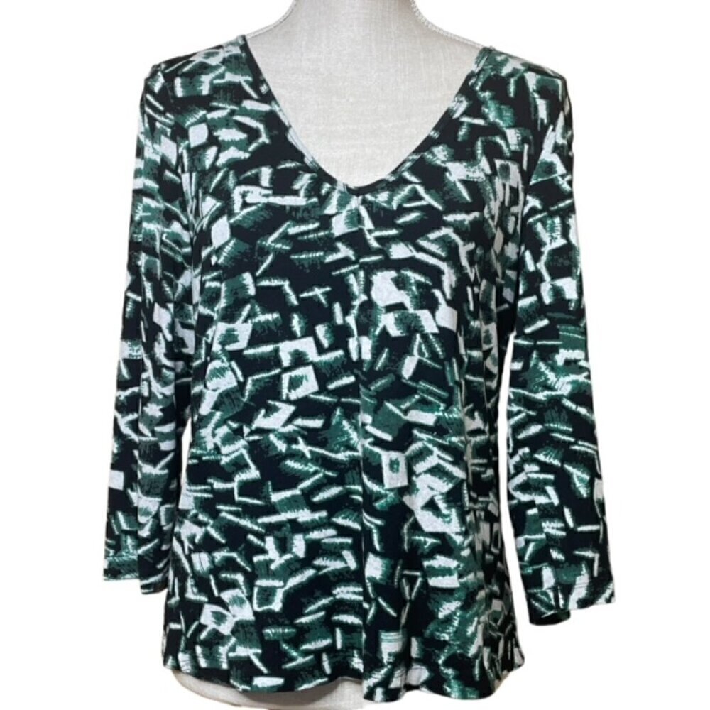 CHICO'S Black/Green Geometric Print Blouse - Size Medium